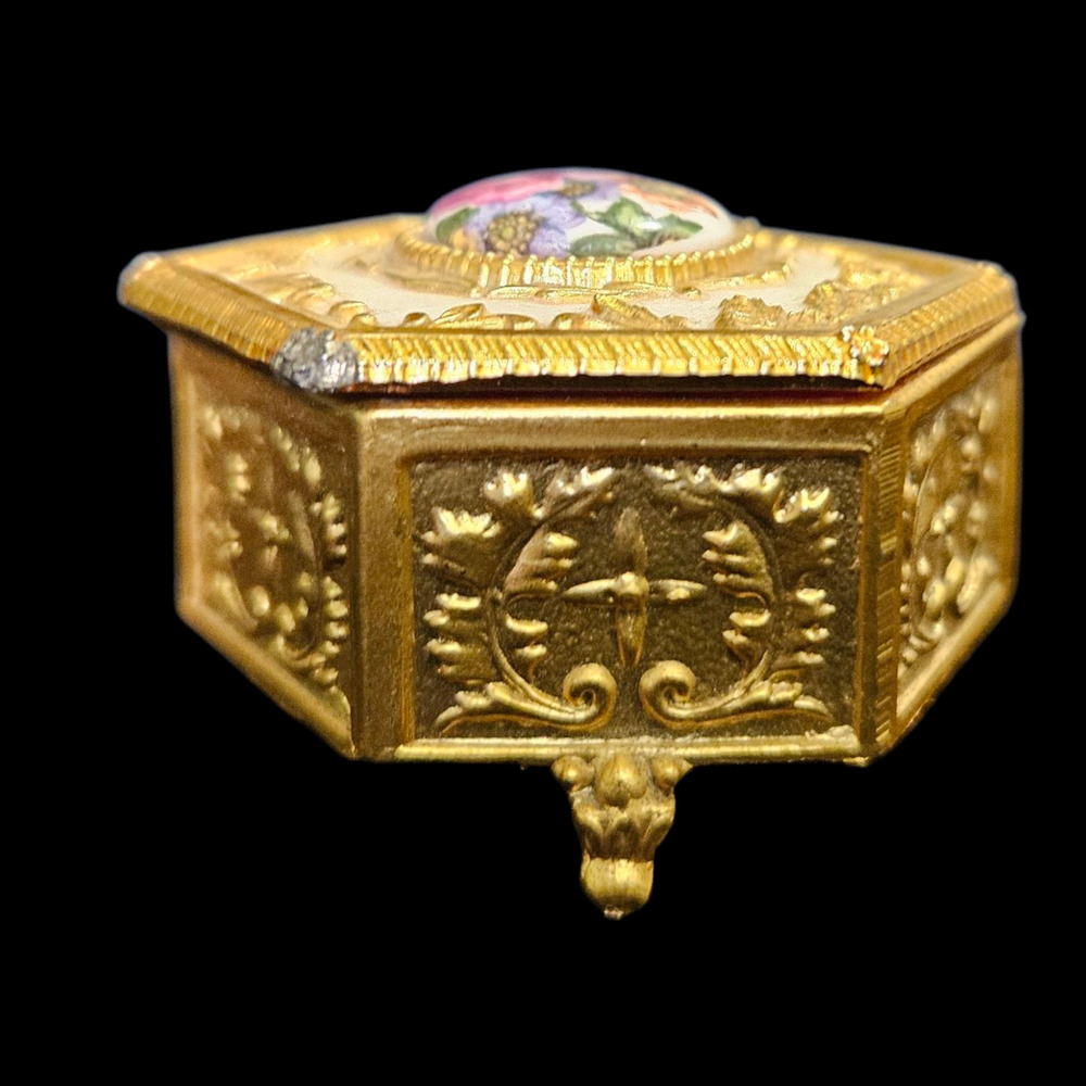 Vintage Japan Hexagon Trinket Box Gold Tone Floral Porcelain Lid Footed